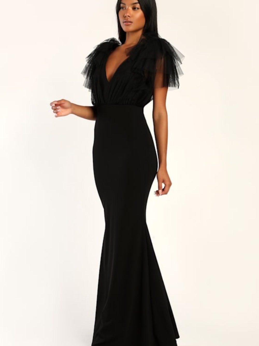 Lulus Fabulous Fun Black Tulle Flutter Sleeve Mermaid Maxi Dress - Size XS